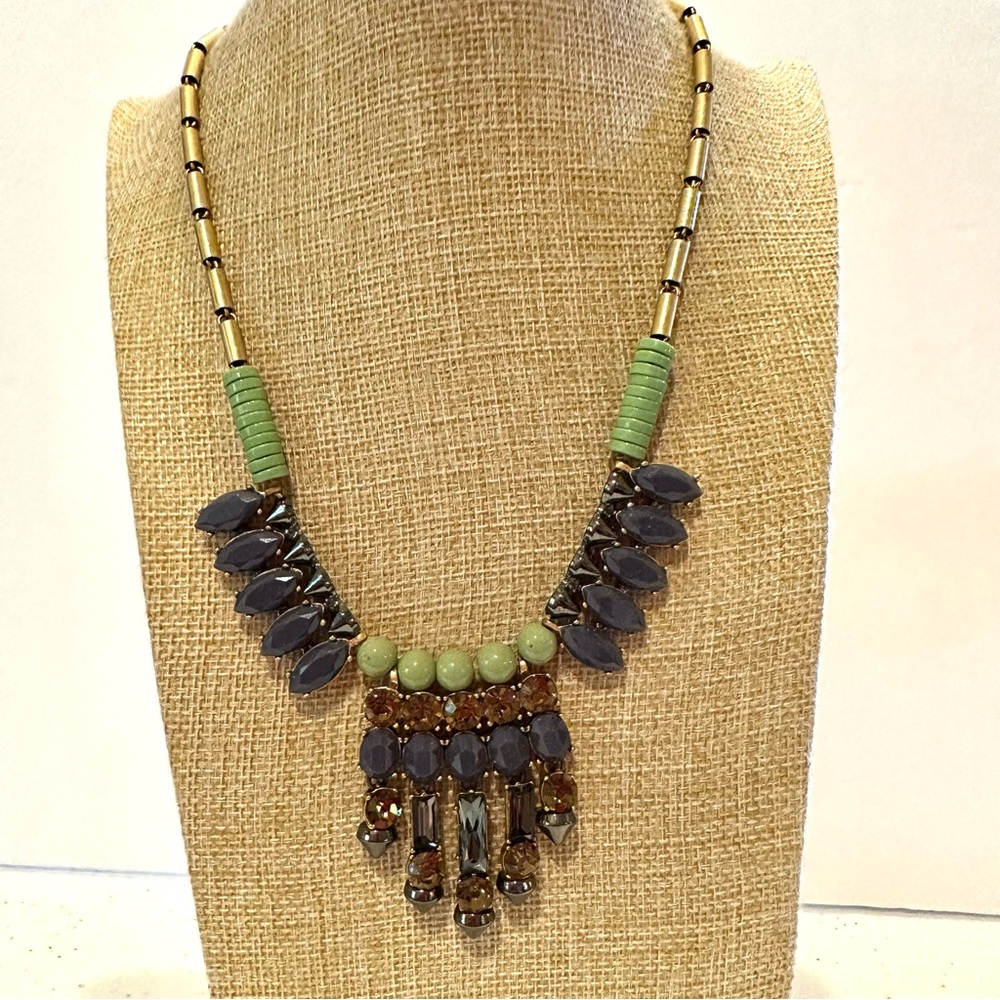 J.Crew Rhinestone topaz crystal statement Necklace, antiqued gold - blue jewels